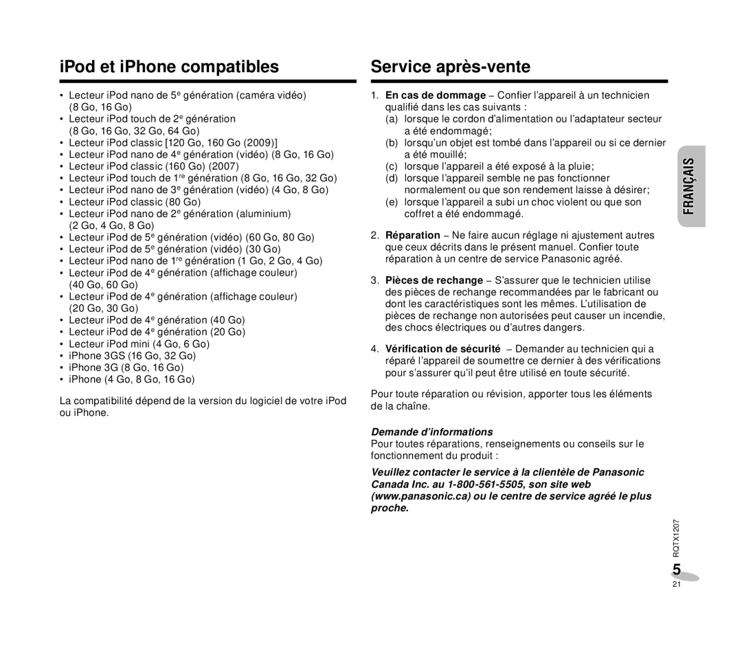 Panasonic RC-DC1 IPod et iPhone compatibles, Service après-vente, Français Français English, Demande d’informations 