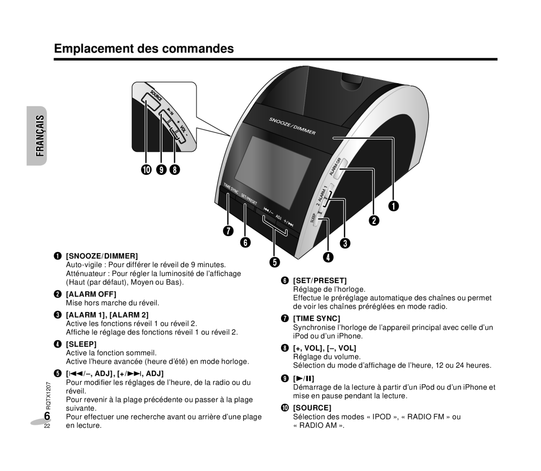 Panasonic RC-DC1 Emplacement des commandes, SET/PRESET Réglage de l’horloge, +, VOL, -, VOL Réglage du volume 