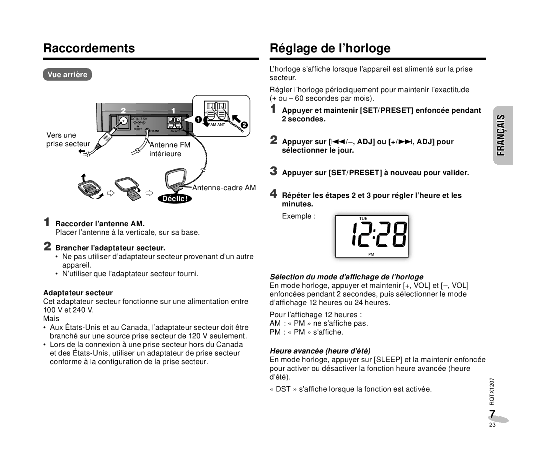 Panasonic RC-DC1 Raccordements, Réglage de l’horloge, Français, Sélection du mode d’afﬁchage de l’horloge 