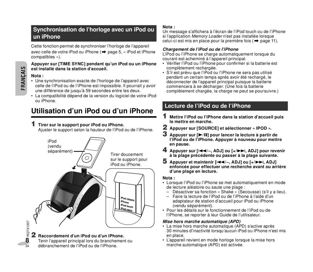 Panasonic RC-DC1 operating instructions Utilisation d’un iPod ou d’un iPhone, Un iPhone, Lecture de l’iPod ou de l’iPhone 