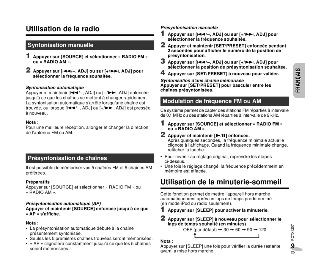 Panasonic RC-DC1 Utilisation de la radio, Utilisation de la minuterie-sommeil, Syntonisation manuelle 