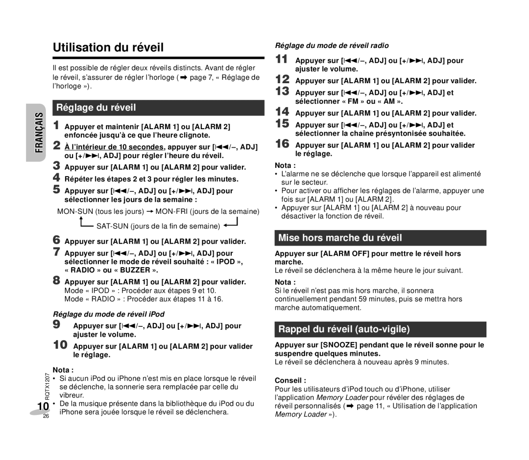 Panasonic RC-DC1 Utilisation du réveil, Réglage du réveil, Mise hors marche du réveil, Rappel du réveil auto-vigile 