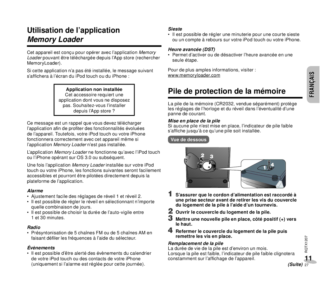 Panasonic RC-DC1 operating instructions Utilisation de l’application, Pile de protection de la mémoire 