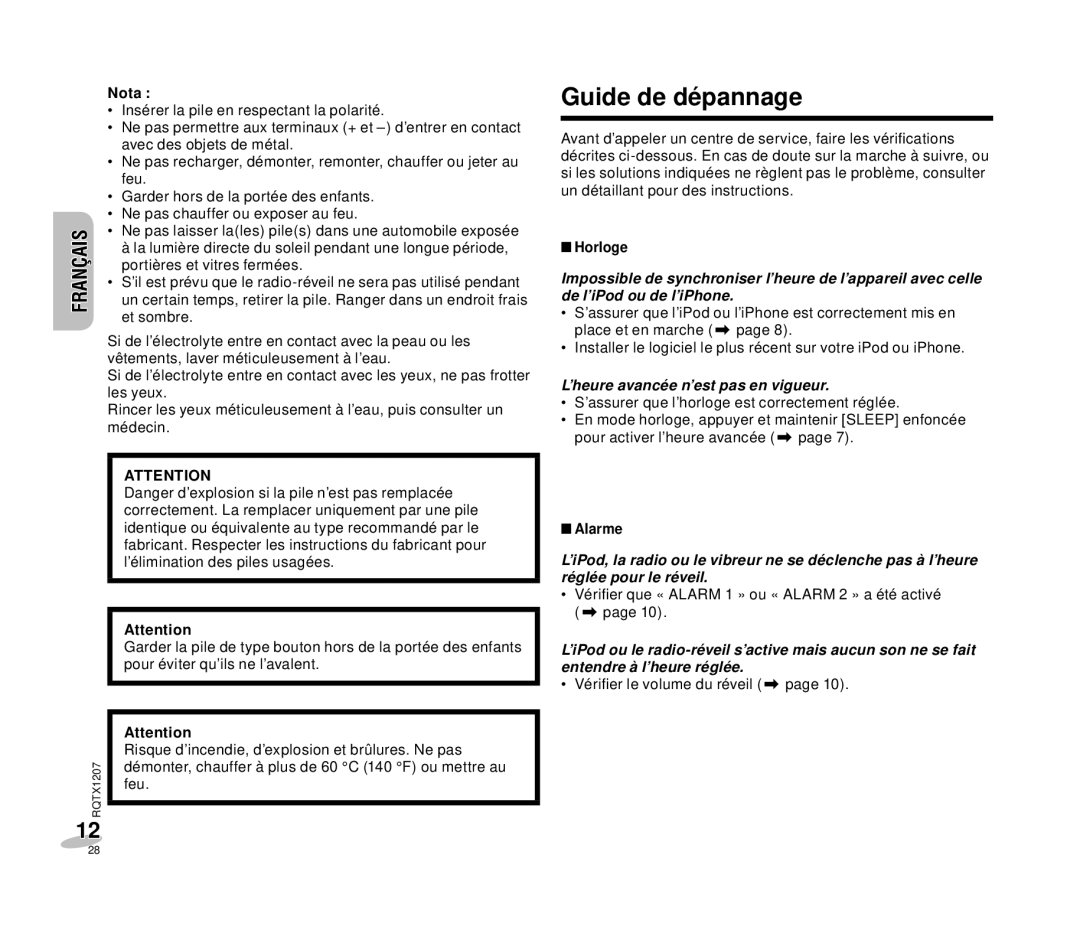 Panasonic RC-DC1 operating instructions Guide de dépannage, Horloge, ’heure avancée n’est pas en vigueur, Alarme 