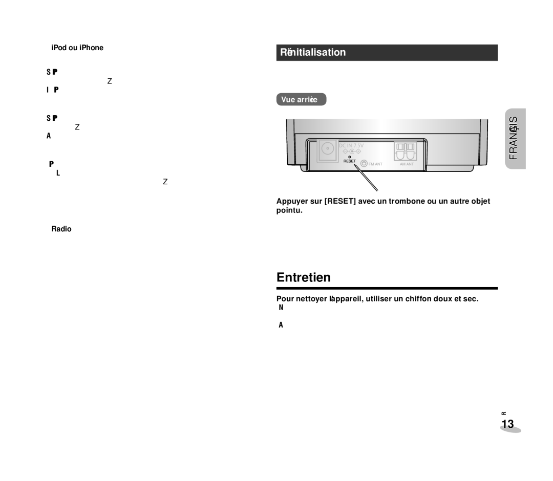 Panasonic RC-DC1 operating instructions Entretien, Réinitialisation 