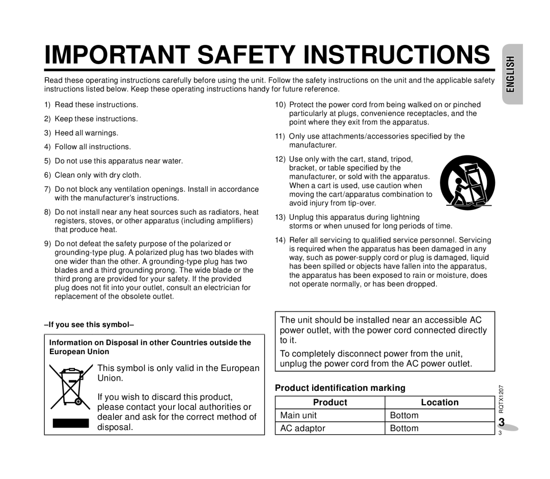 Panasonic RC-DC1 operating instructions Important Safety Instructions, English English 