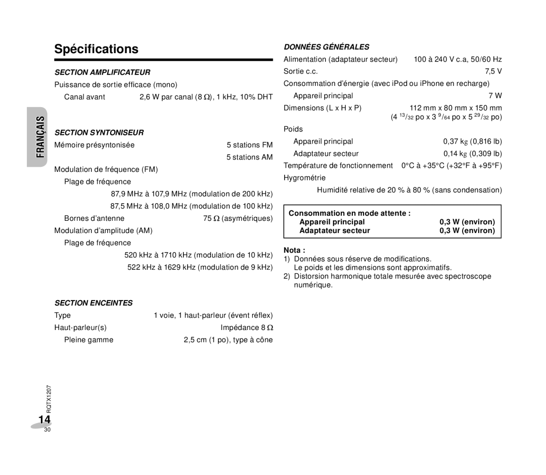 Panasonic RC-DC1 Spéciﬁcations, Consommation en mode attente, Appareil principal Environ Adaptateur secteur Nota 