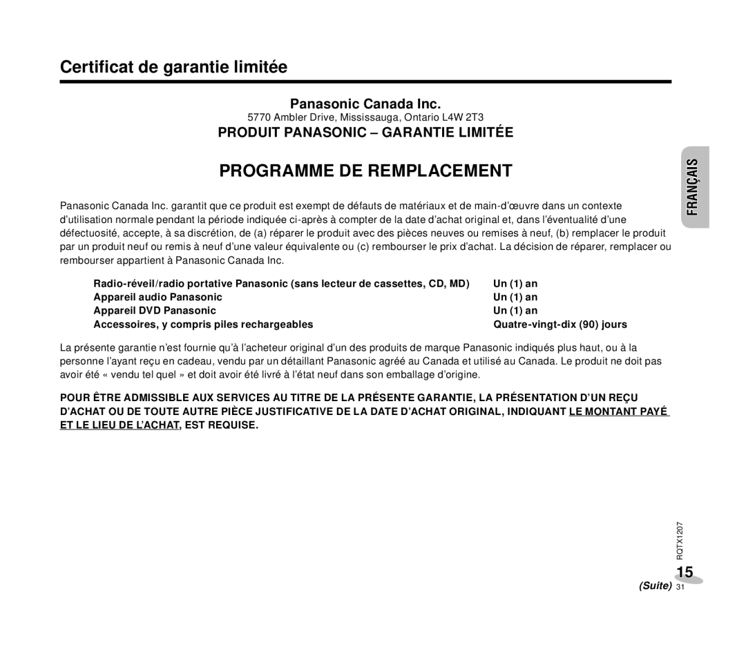 Panasonic RC-DC1 operating instructions Certiﬁcat de garantie limitée, Programme DE Remplacement 