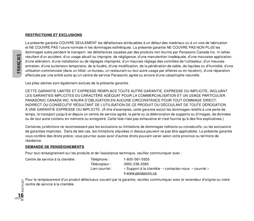 Panasonic RC-DC1 operating instructions Restrictions ET Exclusions, Demande DE Renseignements 