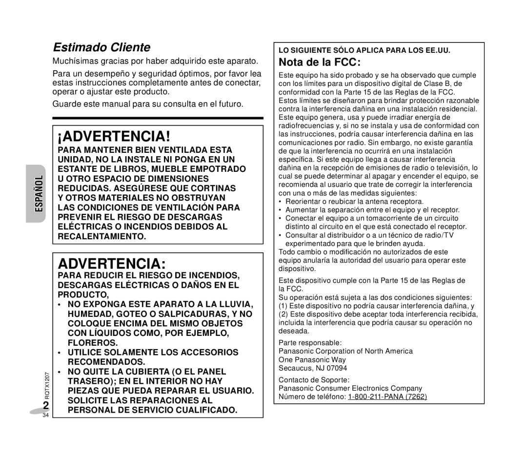 Panasonic RC-DC1 operating instructions Estimado Cliente, LO Siguiente Sólo Aplica Para LOS EE.UU 