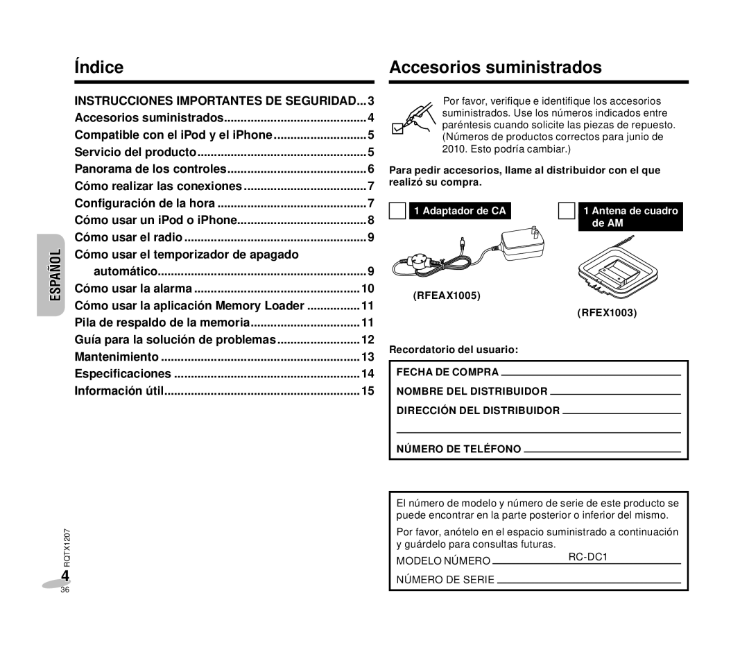 Panasonic RC-DC1 Índice Accesorios suministrados, Español Español English, RFEAX1005 RFEX1003 Recordatorio del usuario 