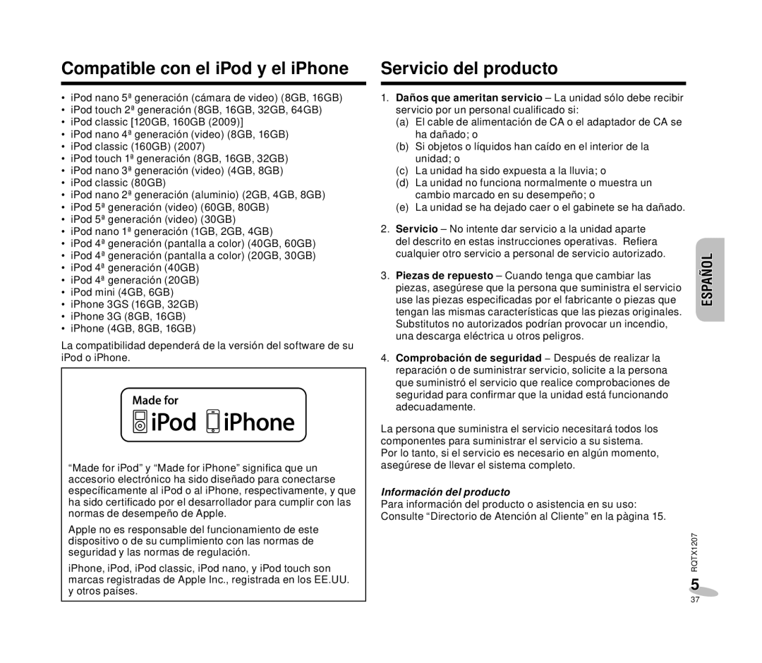 Panasonic RC-DC1 operating instructions Compatible con el iPod y el iPhone, Servicio del producto, Información del producto 