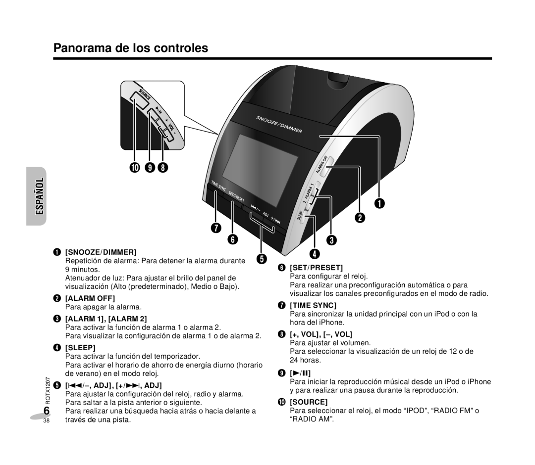 Panasonic RC-DC1 operating instructions Panorama de los controles, Español, +, VOL, -, VOL Para ajustar el volumen 