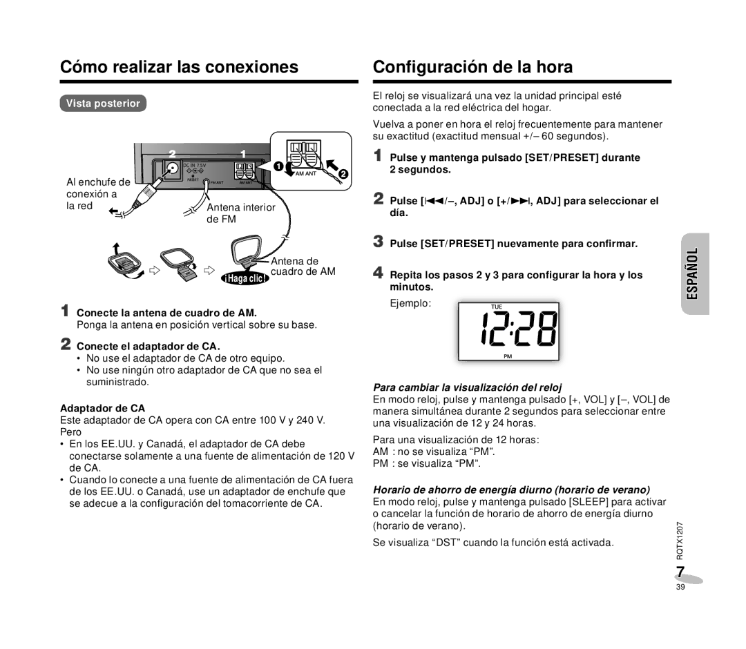 Panasonic RC-DC1 Conﬁguración de la hora, Conecte la antena de cuadro de AM, Conecte el adaptador de CA, Adaptador de CA 