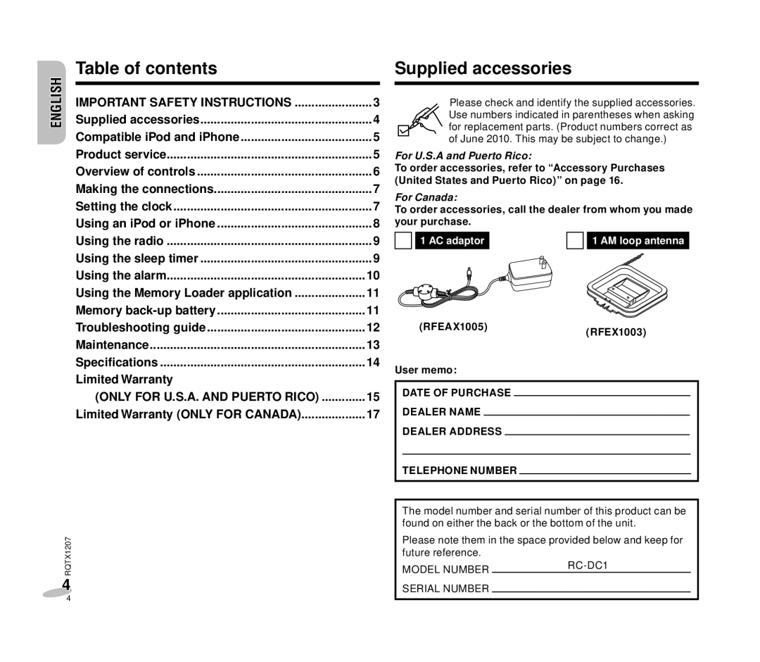 Panasonic RC-DC1 operating instructions Table of contents Supplied accessories 