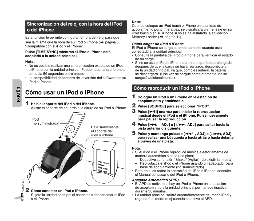 Panasonic RC-DC1 Cómo usar un iPod o iPhone, Del iPhone, Cómo reproducir un iPod o iPhone, Cómo cargar un iPod o iPhone 