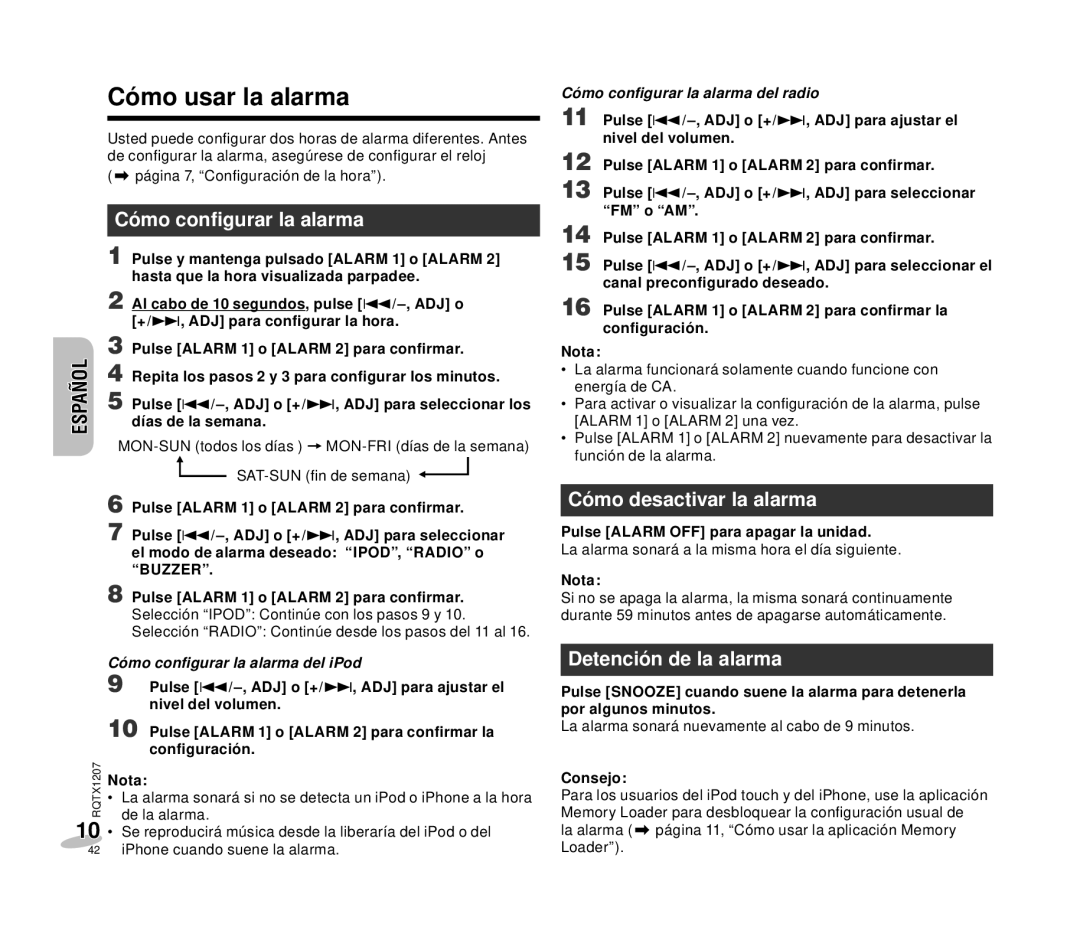 Panasonic RC-DC1 Cómo usar la alarma, Cómo conﬁgurar la alarma, Cómo desactivar la alarma, Detención de la alarma 