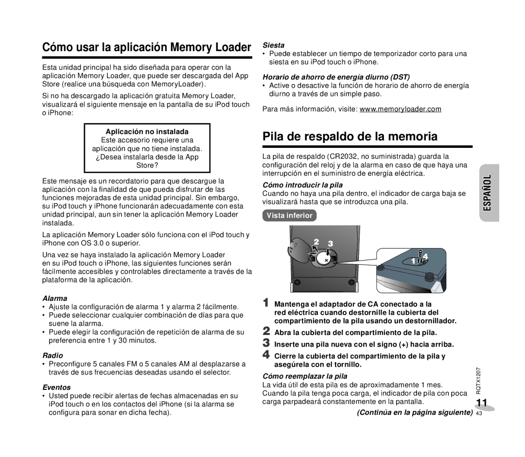 Panasonic RC-DC1 operating instructions Pila de respaldo de la memoria 