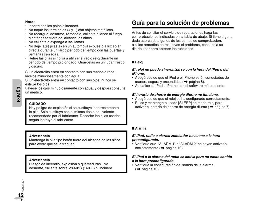 Panasonic RC-DC1 Guía para la solución de problemas, Cuidado, El horario de ahorro de energía diurno no funciona 