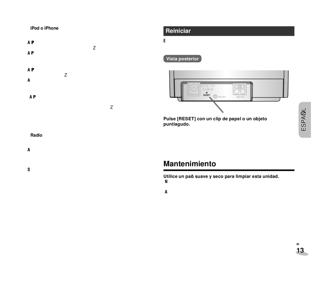 Panasonic RC-DC1 operating instructions Mantenimiento, Reiniciar 