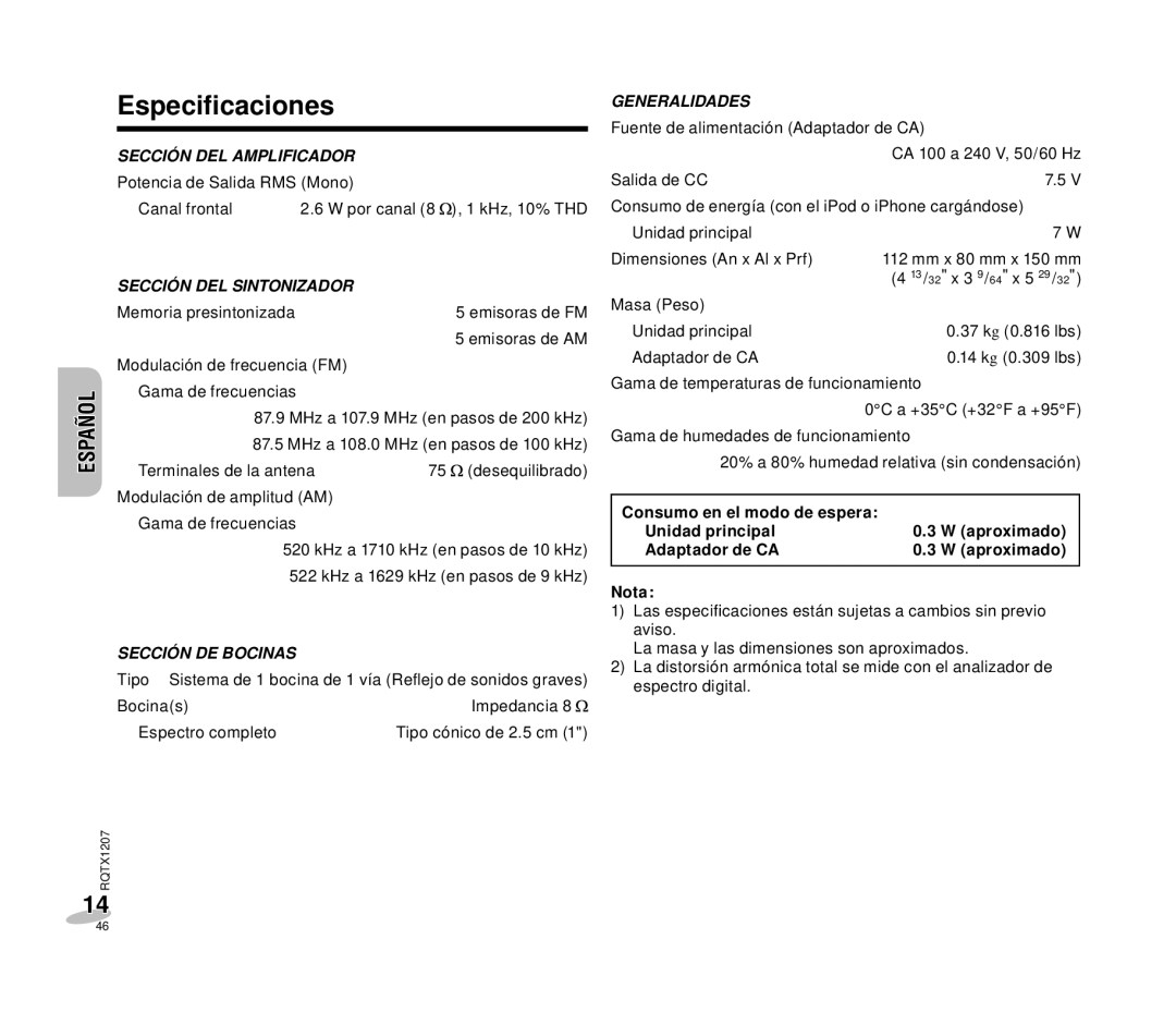 Panasonic RC-DC1 Especiﬁcaciones, Consumo en el modo de espera, Unidad principal Aproximado Adaptador de CA Nota 