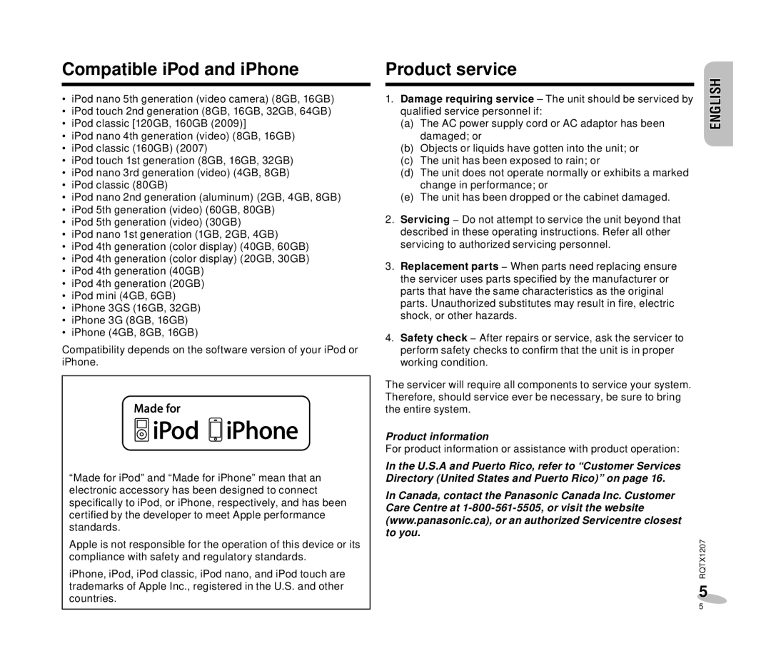 Panasonic RC-DC1 operating instructions Compatible iPod and iPhone, Product service, Product information 