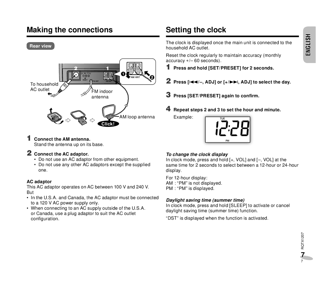 Panasonic RC-DC1 operating instructions Making the connections, Setting the clock, AC adaptor, To change the clock display 