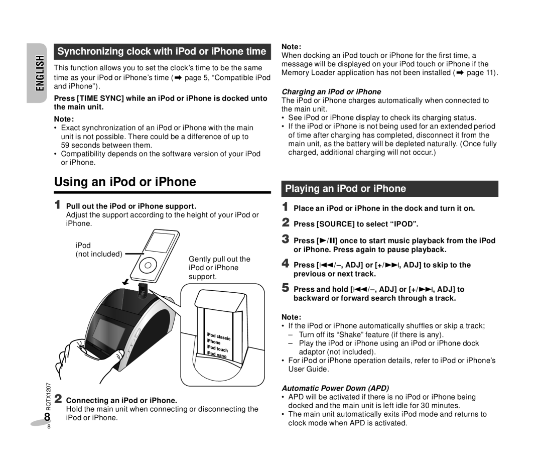 Panasonic RC-DC1 Using an iPod or iPhone, Playing an iPod or iPhone, Charging an iPod or iPhone, Automatic Power Down APD 