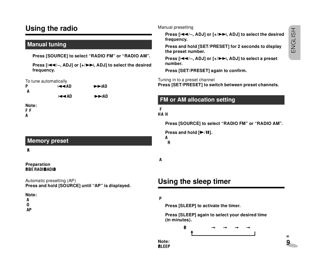 Panasonic RC-DC1 operating instructions Using the radio, Using the sleep timer, Manual tuning, Memory preset 