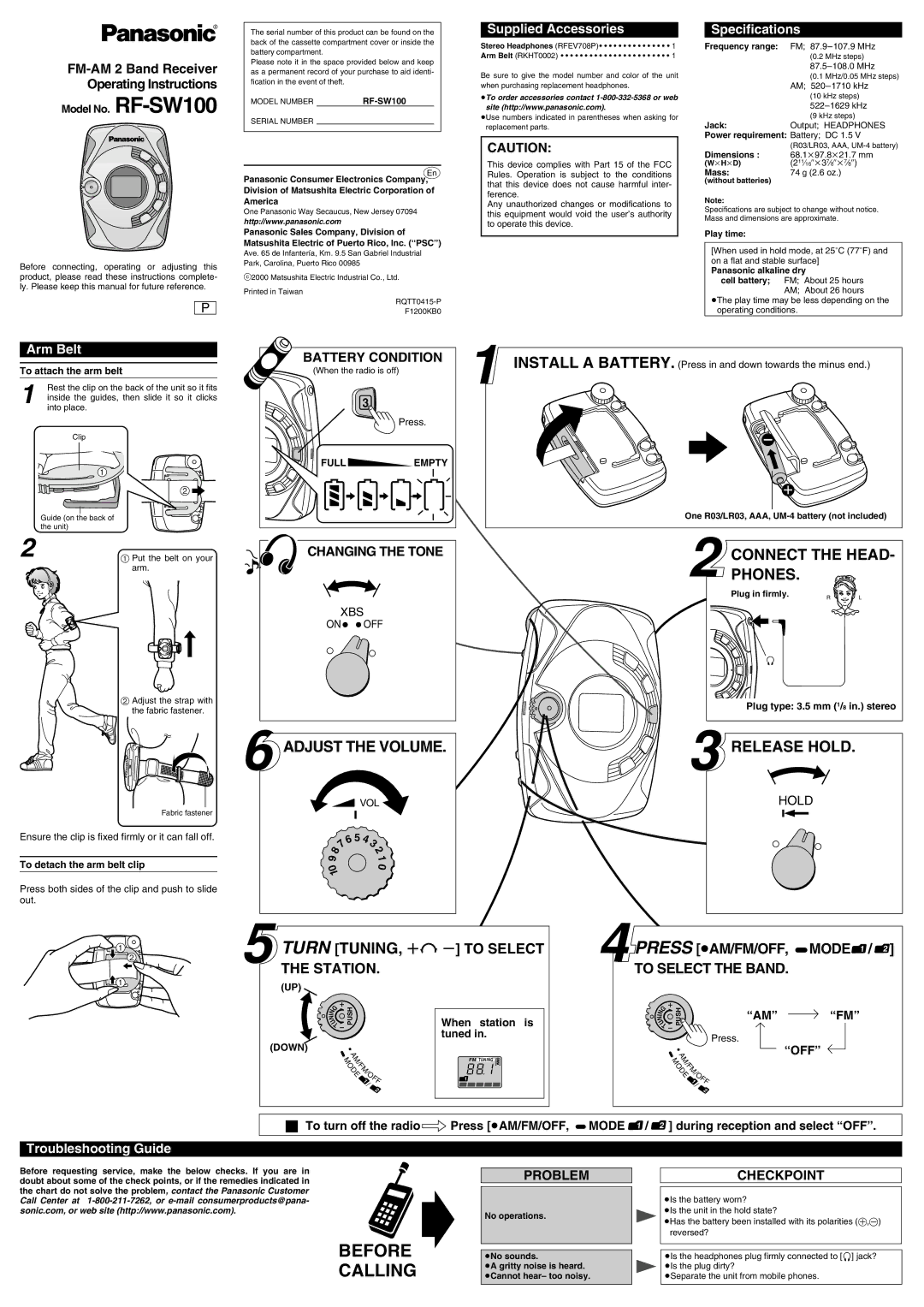 Panasonic RF-SW100 specifications To attach the arm belt, To detach the arm belt clip, Plug type 3.5 mm 1/8 in. stereo 