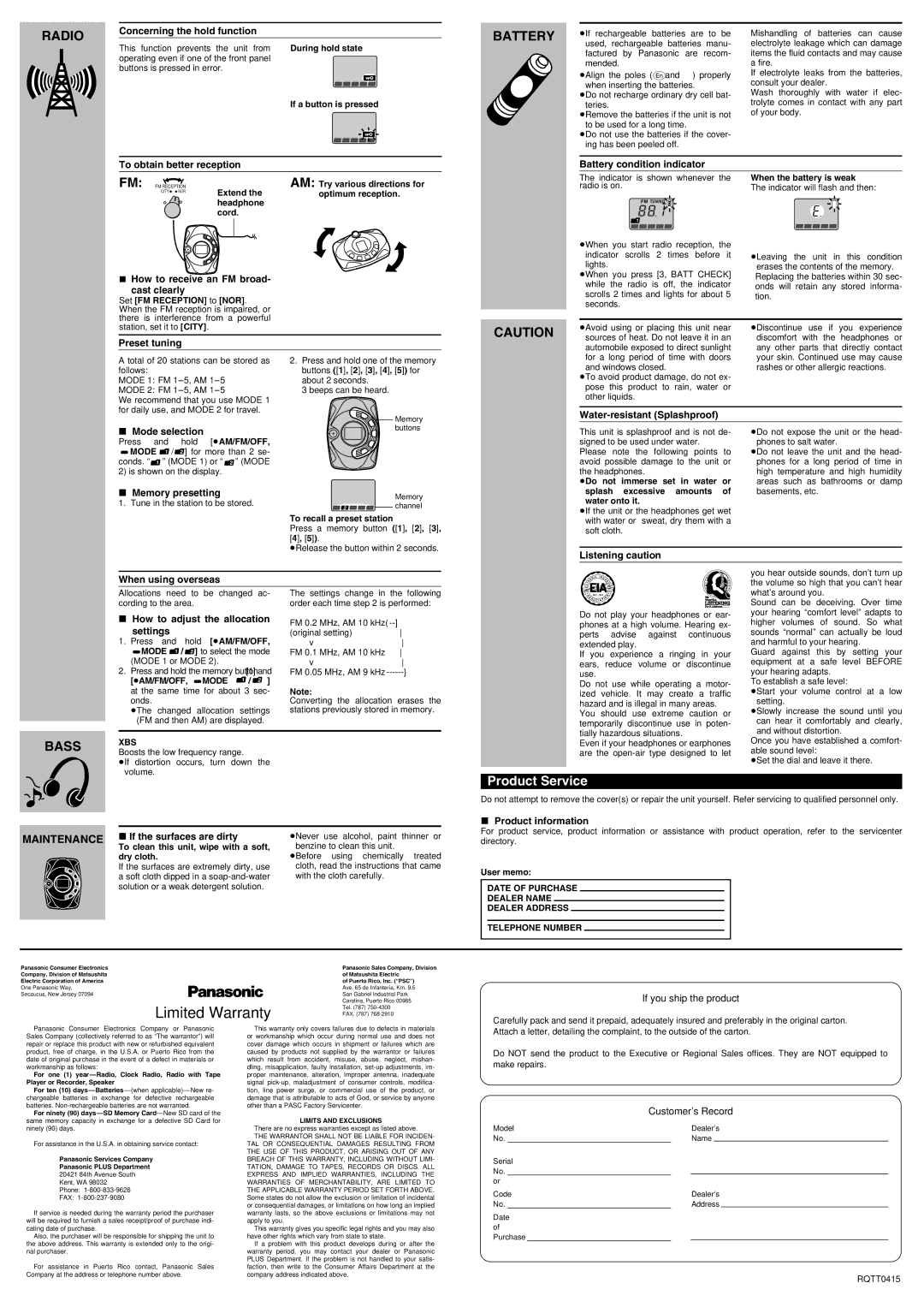 Panasonic RF-SW100 How to receive an FM broad Cast clearly, Preset tuning, Battery condition indicator, Mode selection 