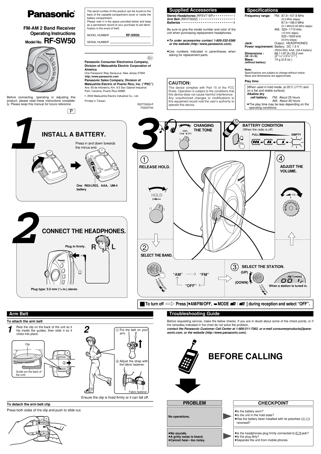 Panasonic RF-SW50 specifications To attach the arm belt, To detach the arm belt clip 