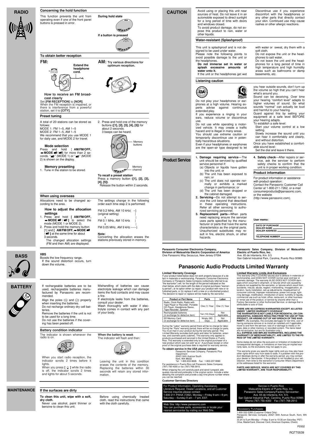 Panasonic RF-SW50 Preset tuning, Water-resistant Splashproof, Listening caution, Mode selection, Memory presetting 