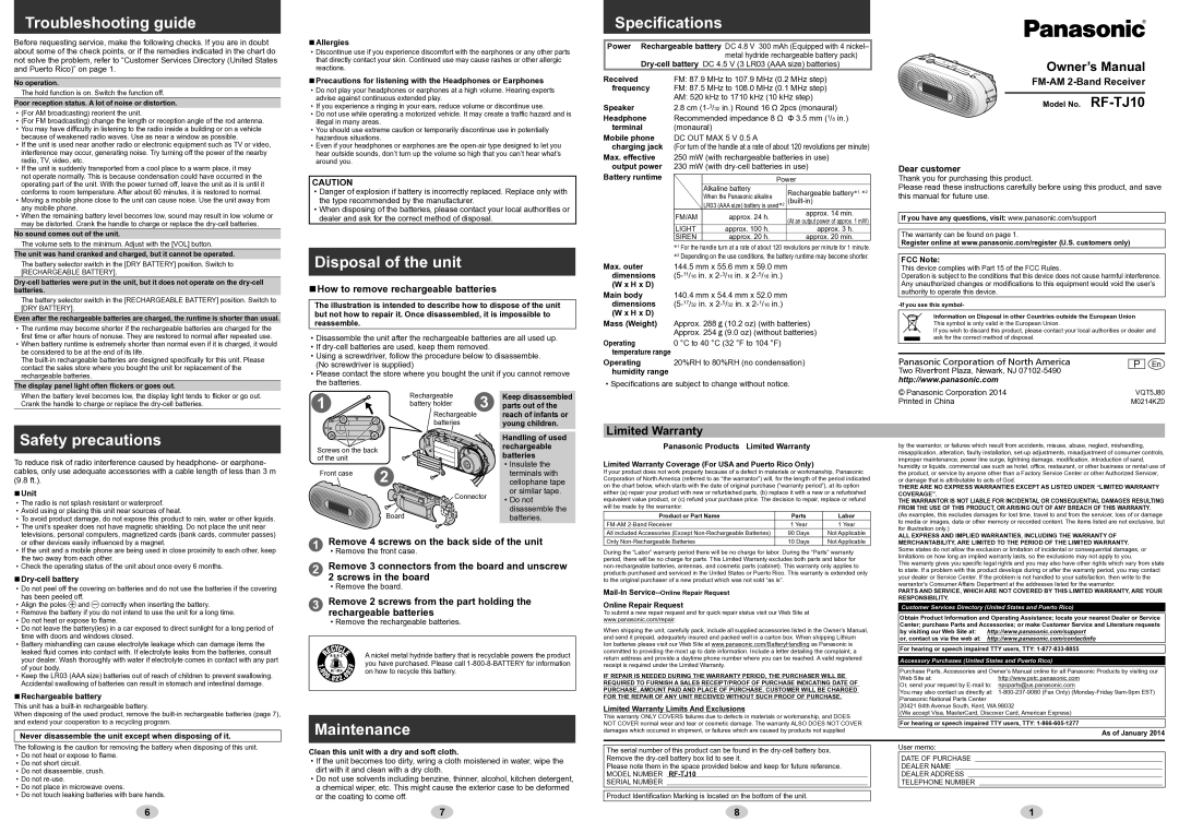 Panasonic RF-TJ10 owner manual How to remove rechargeable batteries, FM-AM 2-Band Receiver 