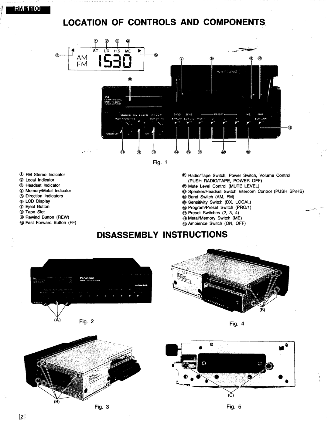 Panasonic RM-1100 specifications Location of Controls and Components, Disassemblv Instructions, St. Lo. H.S Me 