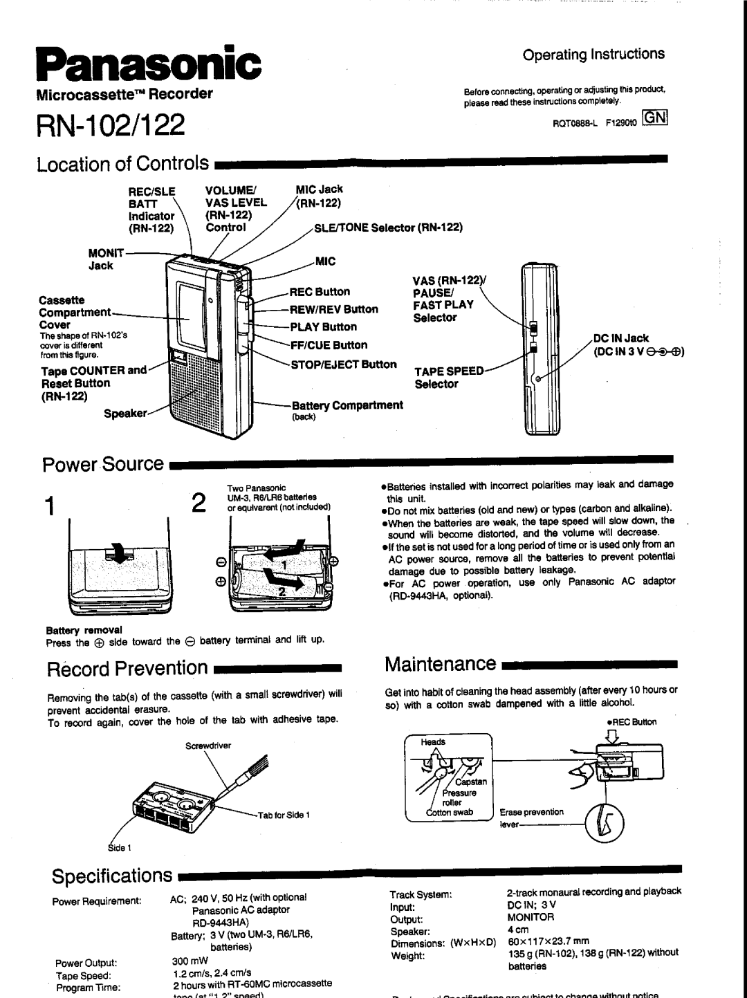 Panasonic RN-102, RN-122 manual 
