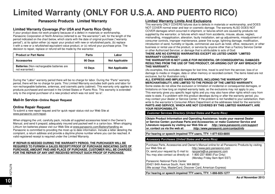 Panasonic RP-BTD10 owner manual Limited Warranty only for U.S.A. and Puerto Rico, Panasonic Products Limited Warranty 