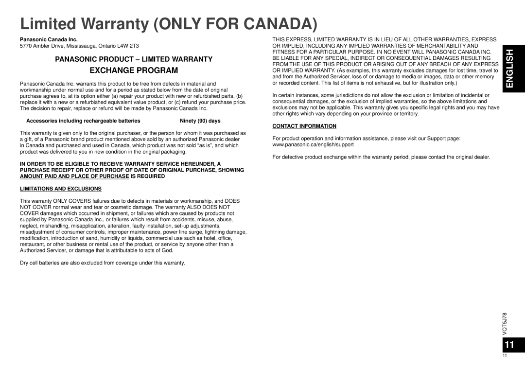 Panasonic RP-BTD10 owner manual Limited Warranty only for Canada, Exchange Program 