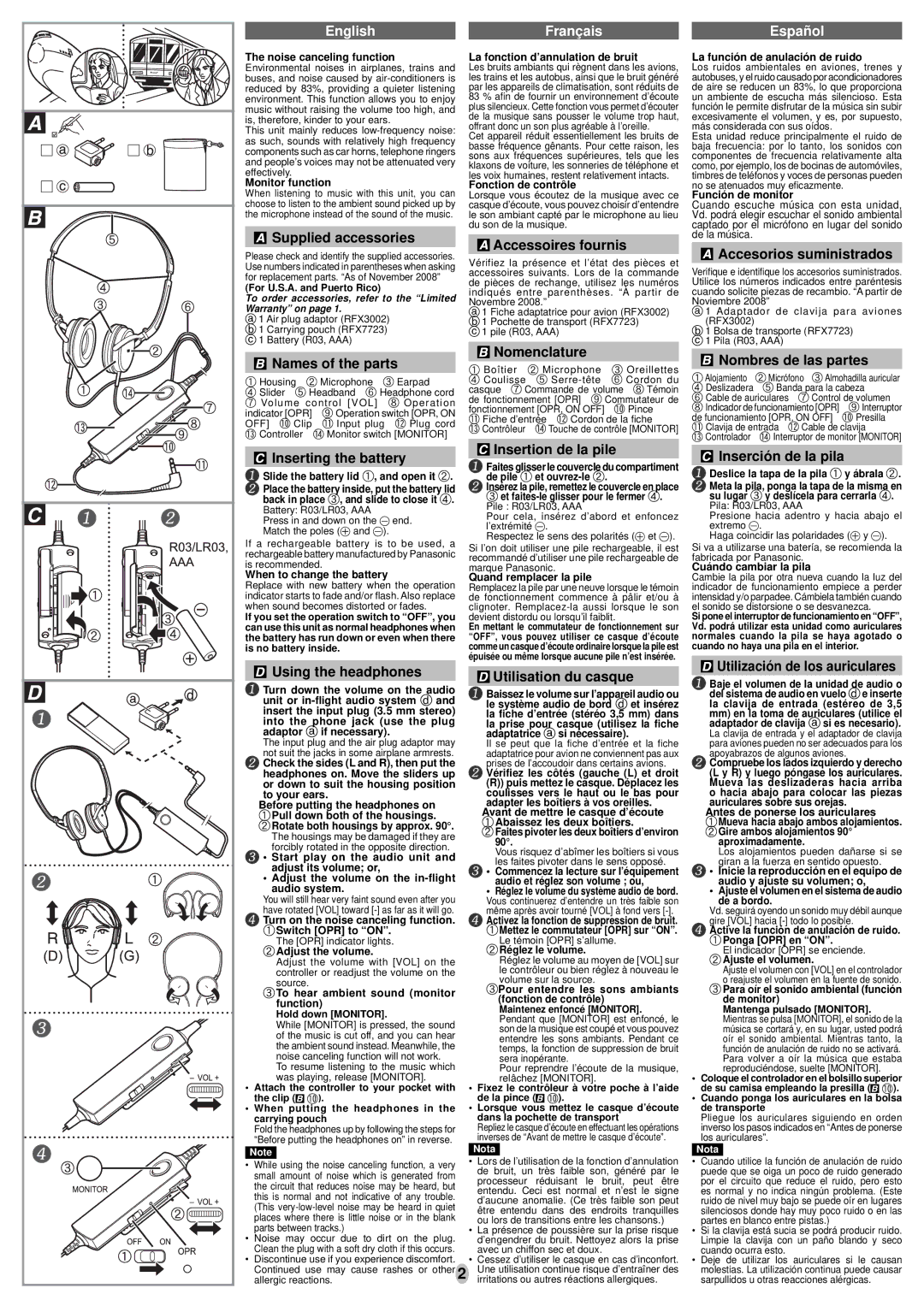 Panasonic RP HC101 Supplied accessories, Names of the parts, Inserting the battery, Accessoires fournis, Nomenclature 