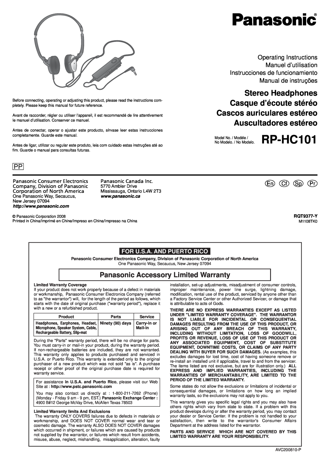 Panasonic RP HC101 operating instructions RP-HC101, Panasonic Accessory Limited Warranty, For U.S.A. And Puerto Rico 