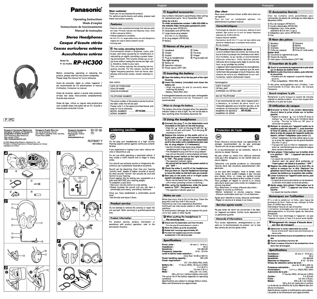 Panasonic RP-HC300 specifications Protection de louïe, English, Français, Stereo Headphones, Casque d’écoute stéréo 