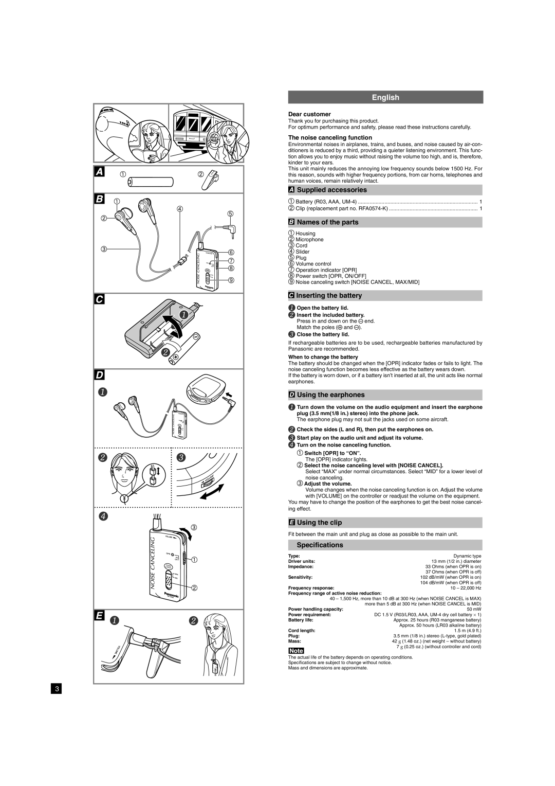 Panasonic RP HC50 Supplied accessories, Names of the parts, Inserting the battery, Using the earphones, Using the clip 