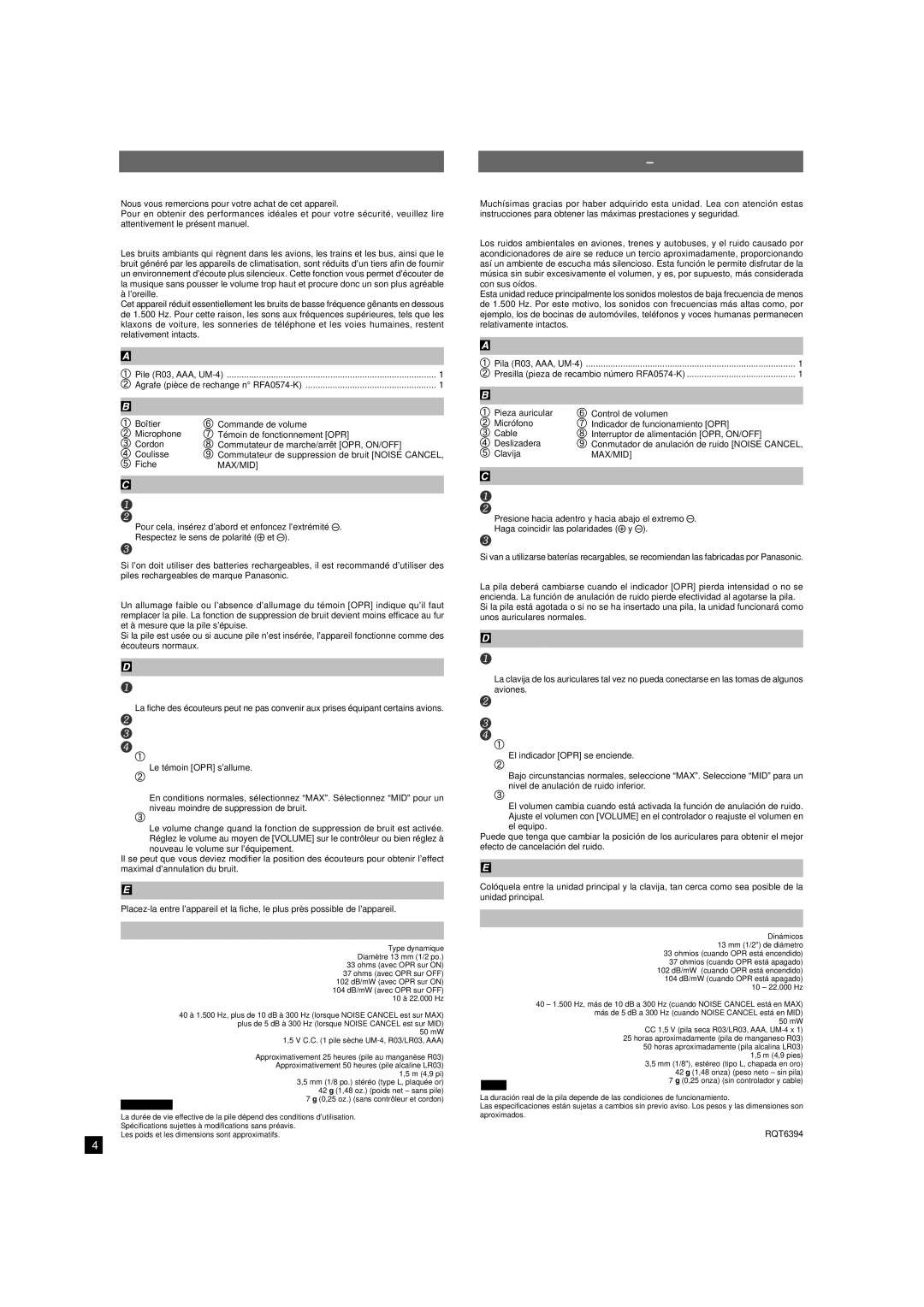 Panasonic RP HC50 Accessoires fournis, Nomenclature, Insertion de la pile, Utilisation des écouteurs, Spécifications 