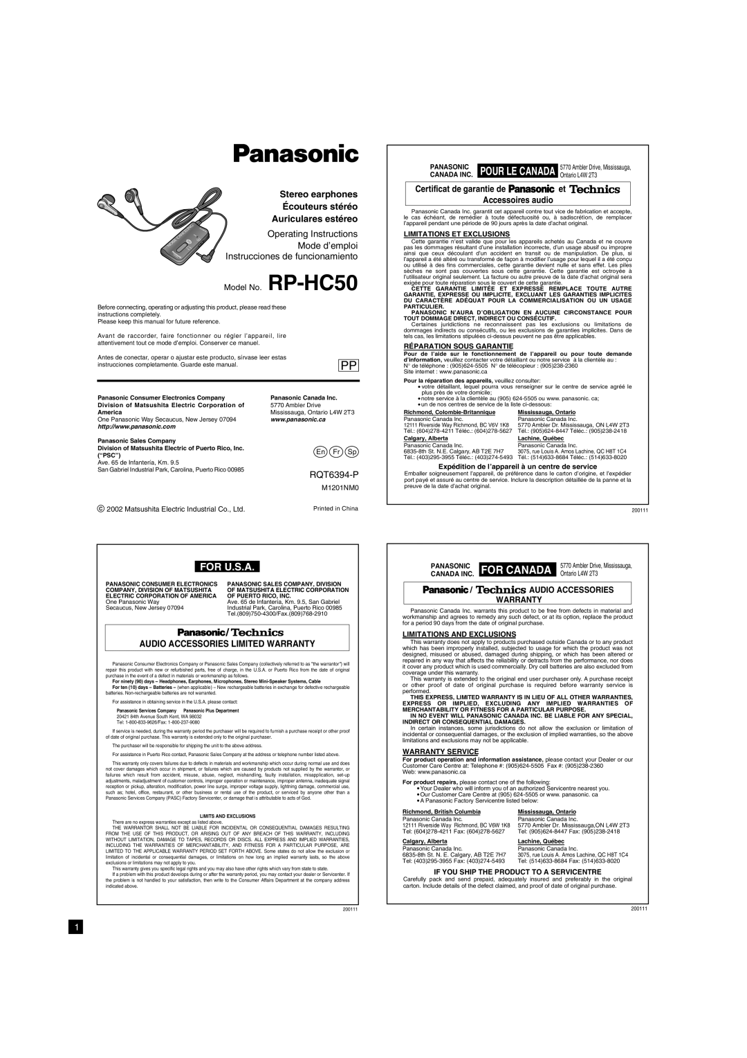 Panasonic RP HC50 warranty For U.S.A, Pour Le Canada, Certificat de garantie de, Audio Accessories Limited Warranty 