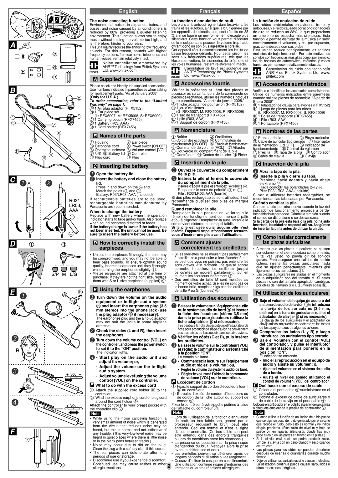 Panasonic RP-HC55 Supplied accessories, Names of the parts, Inserting the battery, Accessoires fournis, Nomenclature 