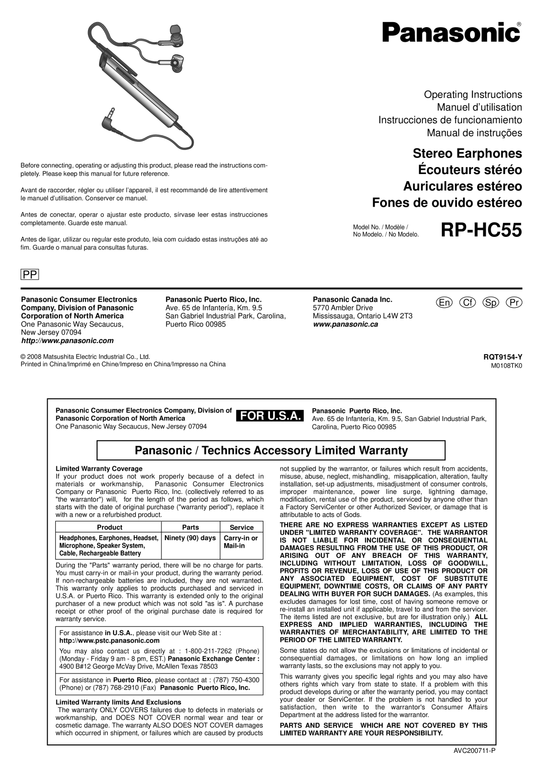Panasonic RP-HC55 operating instructions For U.S.A, Panasonic / Technics Accessory Limited Warranty, En Cf Sp Pr 