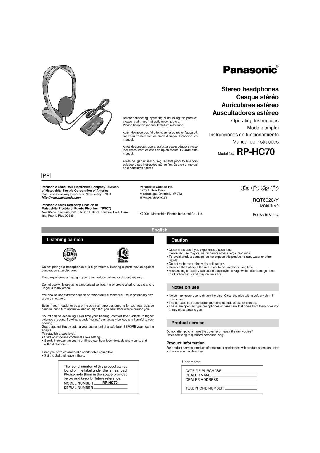 Panasonic RP-HC70 operating instructions English Listening caution, Product service, Product information 