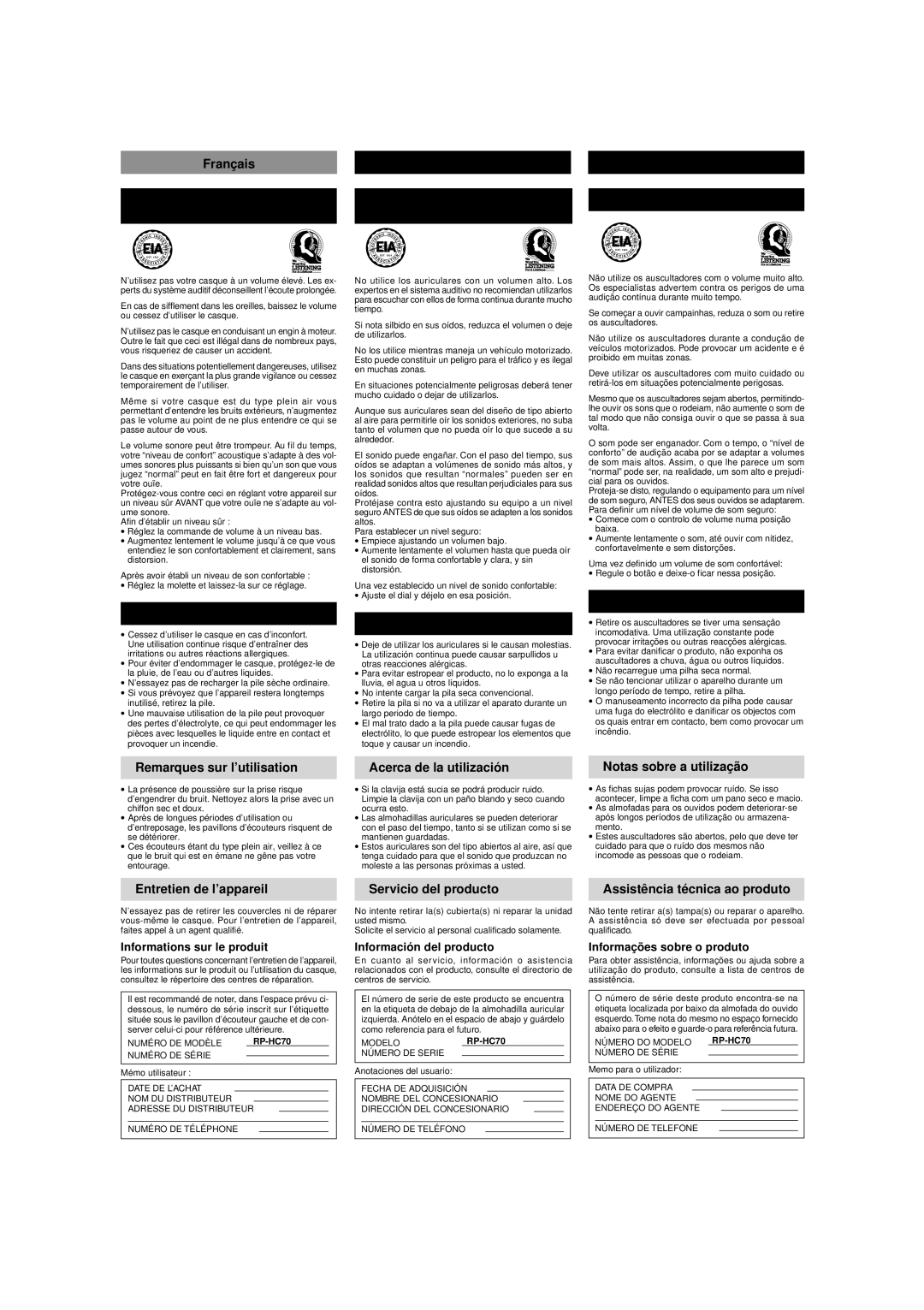 Panasonic RP-HC70 Franç ais Avertissement relatif aux Conditions d’é coute, Españ ol Portuguê s Precauciones para escuchar 