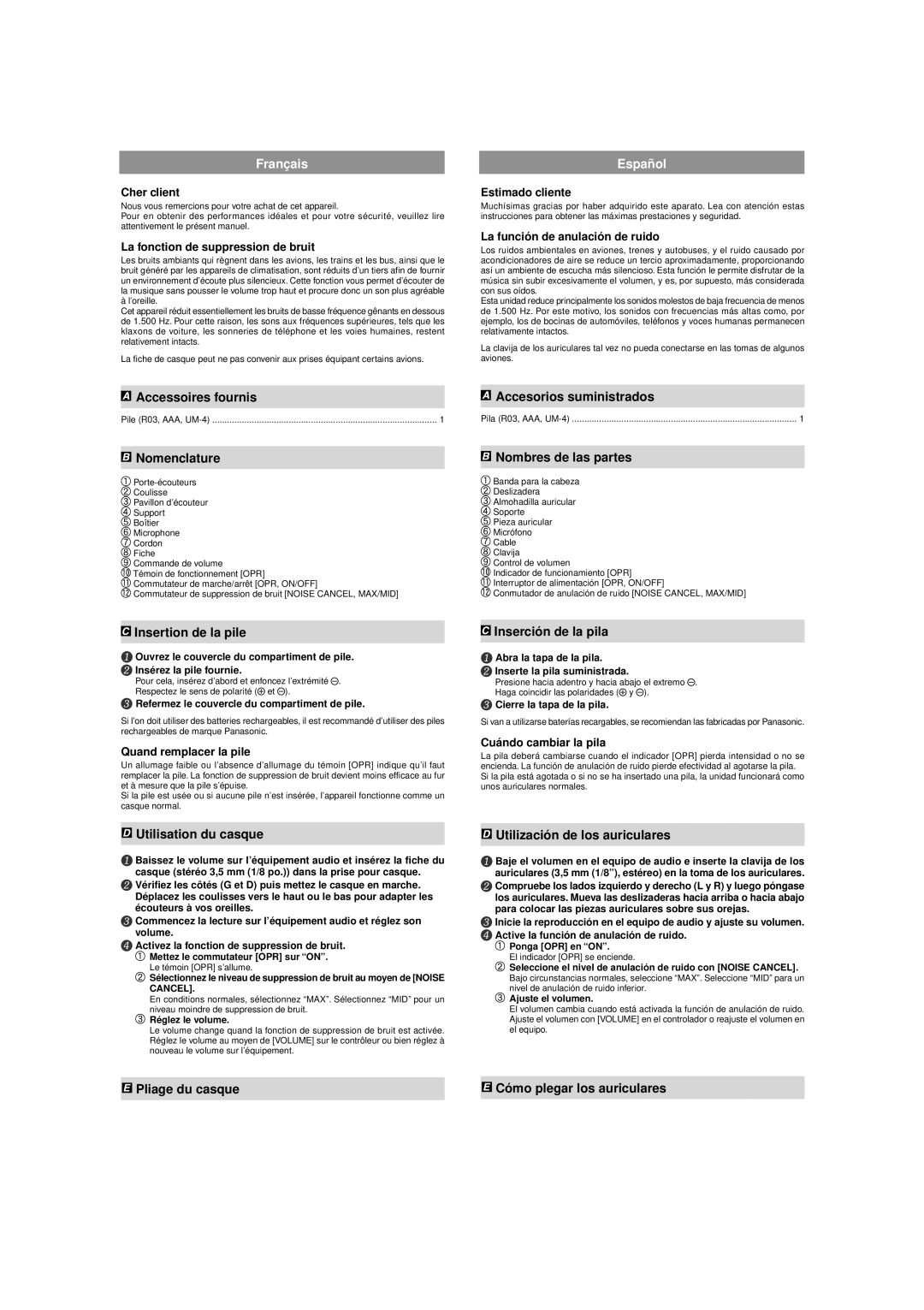 Panasonic RP-HC70 operating instructions Franç ais, Españ ol 