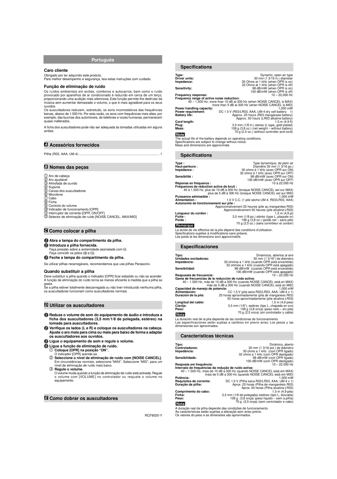 Panasonic RP-HC70 Acessó rios fornecidos, Nomes das peç as, Como colocar a pilha, Utilizar os auscultadores 